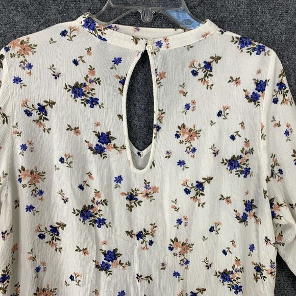 American Eagle Cream Floral Long Sleeved Ruffled Crepe Rayon Keyhole Top Sz XL - Picture 7 of 11